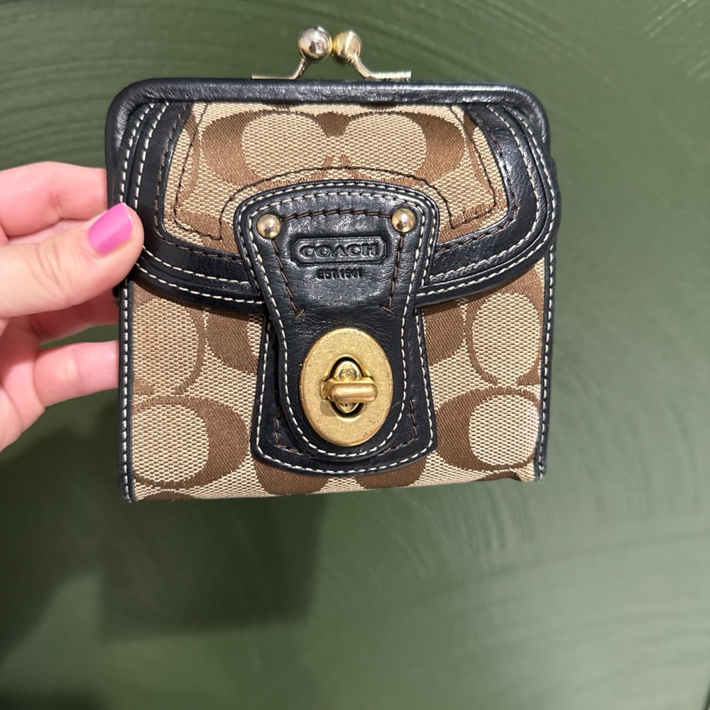 Coach legacy Signature Canvas Wallet with Black Leather Trim and Gold Hardware